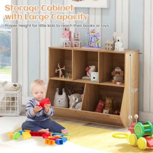 Costway 5-Cubby Kids Toy Storage Organizer Wooden Bookshelf Display Cabinet Natural