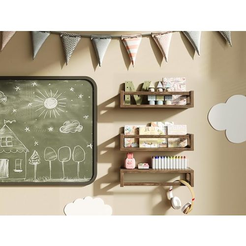 Upgraded Thick Floating Shelves - Multi-Use Wall-Mounted Bookshelves for Kids and Nursery, Ideal for Books, Toys, Spice Rack, Decor - Walnut Brown