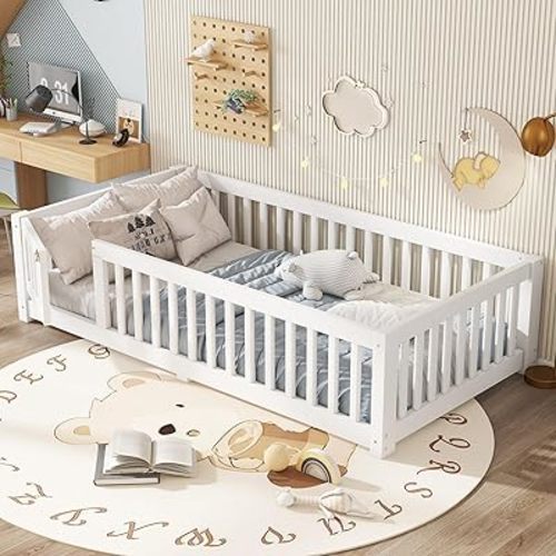 Bellemave Twin Size Floor Bed Frame with Slats and Fence for Kids,Solid Wood Montessori Floor Bed with Door and Safety Guardrails for Girls Boys,White