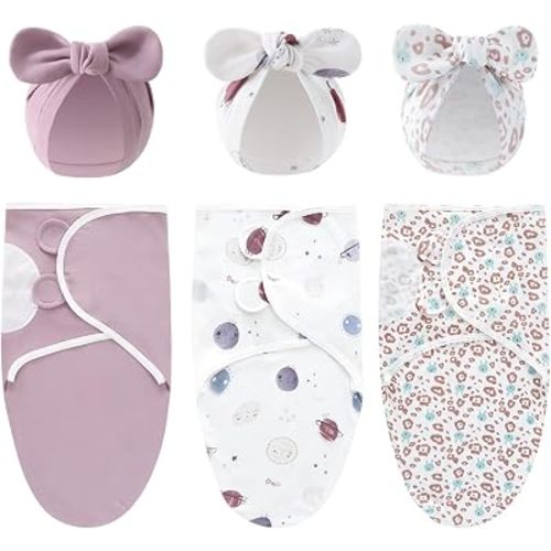 3-Pack Baby Swaddles for Newborns with Bow Hat for Girls Purple Set