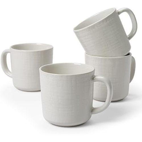 famiware Moonlight Coffee Mug Set of 4, 13oz Mug Set with Linen Finish, Coffee Cup Set with Handle for Latte, Cappuccino, Tea, Hot Cocoa, Microwave and Dishwasher Safe, White