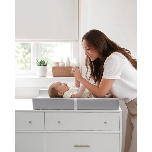 Blissful Diary Vegan Leather Baby Changing Pad with Waterproof & Wipe-Clean PU Cover, Standard Size Cozy Diaper Changing Pad for Dresser and Table, Light Gray