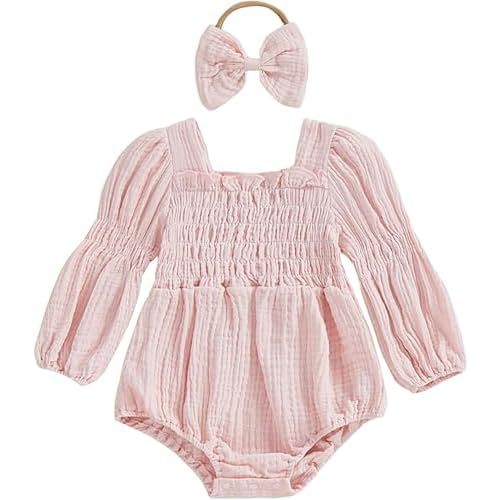 Smocked Baby Girl Romper Long Sleeve Square Neck Fall One Piece Bubble Romper Newborn Baby Girl Outfit