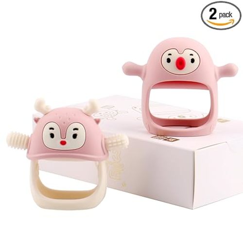 Smily Mia Baby Teething Toy |Penguin Teether for 0-6Months |Reindeer Baby Chew Toys for 3m+, Soft Silicone Hand Teether |Teething Mitten for Teeth Pain Relief, Newborn Essentials Gift Box, Light Pink