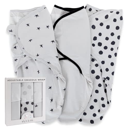 Ely's & Co. Adjustable Swaddle Blanket Infant Baby Wrap Set 3 Pack Grey and Black 0-3 Months