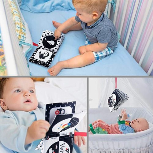 My First Soft Book,teytoy Nontoxic Fabric Baby Cloth Activity Crinkle Soft Black and White Book for Infants Boys and Girls Early Educational Toys Perfect for Baby Shower -Pack of 6 - Black+white