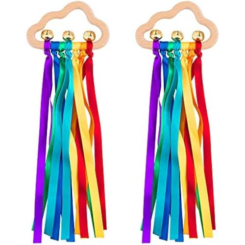 Baby Sensory Wooden Rattle Toys with Rainbow Ribbon - 2PCS