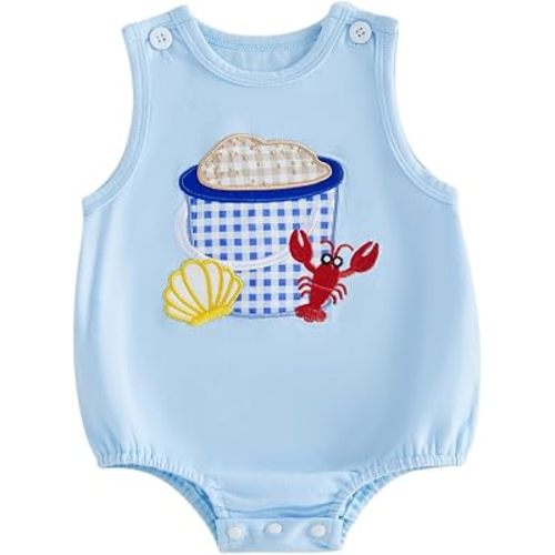 Baby Boy Smocked Bubble Romper Crawfish Sailboat Beach Outfit Sleeveless Bodysuit Newborn Infant Overalls Clothes