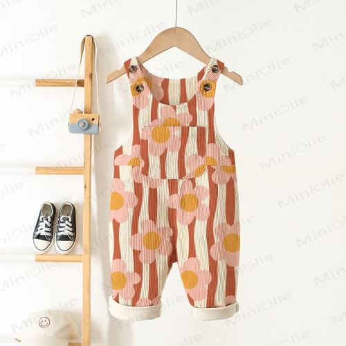 Baby Toddler Striped Floral Corduroy Beige Overalls