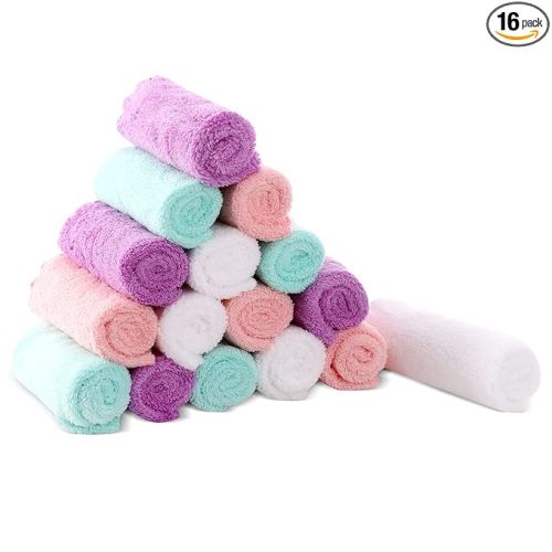 Cute Castle Ultra-Soft Baby Washcloths, 16 Pack - 9" by 9", Gentle on Sensitive Skin for Face and Body, Plush, Super Absorbent Wash Clothes for Girls and Boys, White+Pink+Purple+Frozen Blue