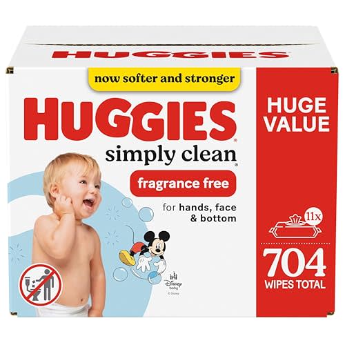 Huggies Simply Clean Fragrance-Free Baby Wipes, Unscented Diaper Wipes, 11 Flip-Top Packs (704 Wipes Total)