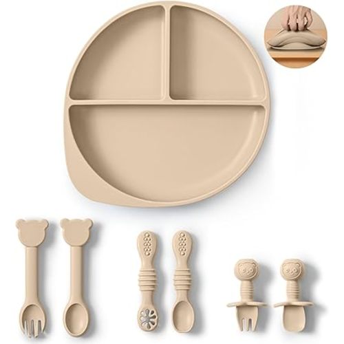 Silicone Baby Feeding Set Plates and Utensils Set for Baby Toddlers Infant Kids,forks and spoons baby plates with suction,baby spoons self feeding 6 months,baby feeding essentials (Beige)