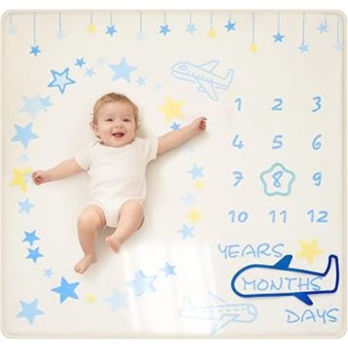 1.3" Thick Playmat for Floor, 50 x50 Monthly Milestone Mat, Padded Support Soft Plush Nursery Mat for Crawling Kick Activity, Flannel Photography Background Prop for Boys Grils