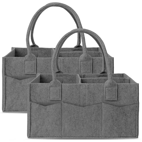 Cute Castle 2 Pack Diaper Caddy Organizer - Portable Baby Caddy Organizer with Handle, Nursery Storage Bin and Car Organizer for Girls, Boys - Baby Gift Basket - Dark Grey, Large