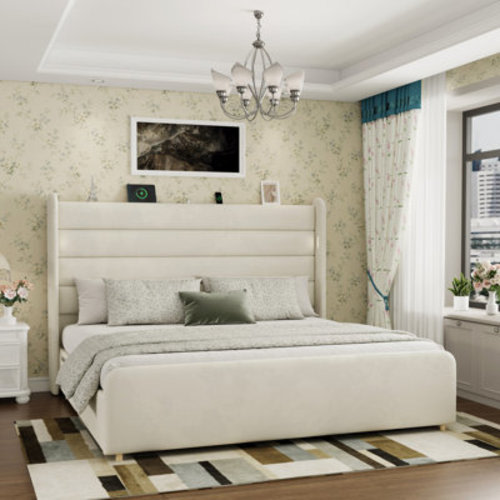 Latitude Run® Velvet Upholstered Platform Bed With USB Reading Light & Storage Pockets | Wayfair