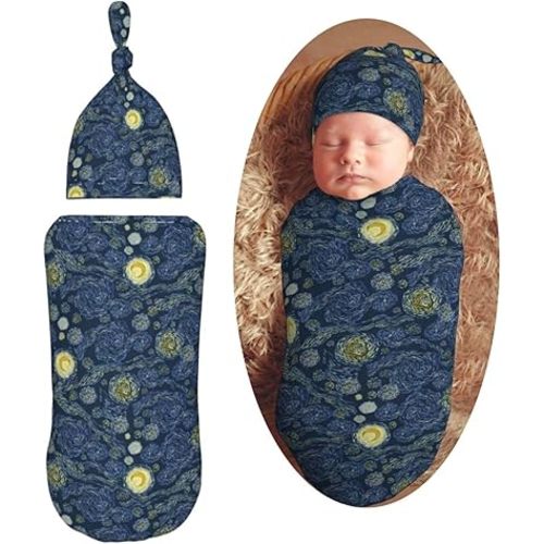 Star and Night Newborn Swaddle Blankets Hat Sets Soft Baby Receiving Blanket Swaddle Sack for Baby Shower Infant Boy Girl Gift