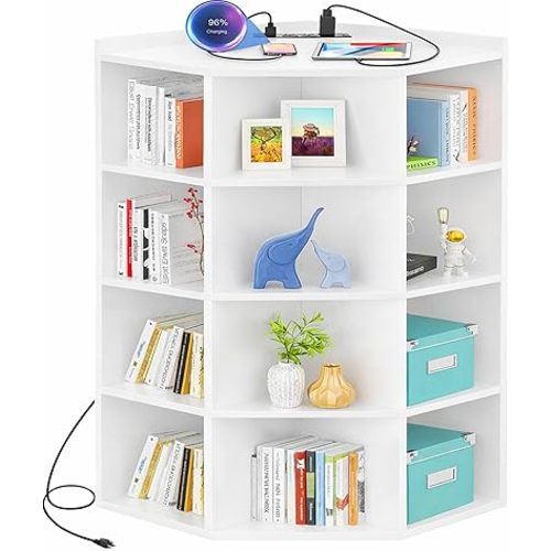 Aheaplus Corner Cabinet, 5-Tier Corner Bookshelf with Power Outlets, Corner Cube Storage Shelf with Top Table, Wooden L Cubby Toy Storage with 12 Cubes for Home Office, Bedroom, Living Room, White