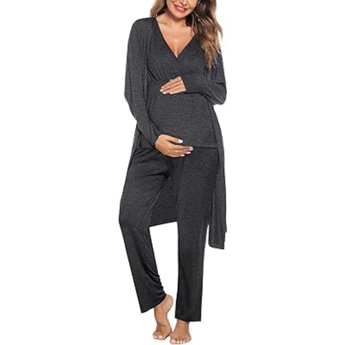 SWOMOG Maternity Nursing Robe Set 3 Piece Postpartum Breastfeeding Pajamas 3 in 1 Hospital Labor Delivery Pregnancy Pjs