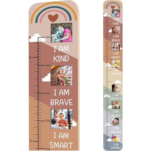 Solid Wood Inspirational Growth Chart for Kids with Photo Windows, Motivational Height Chart for Kids, Foldable Kids Height Wall Chart Milestone Marker, Positive Birthday Gift for Girls Room Decor