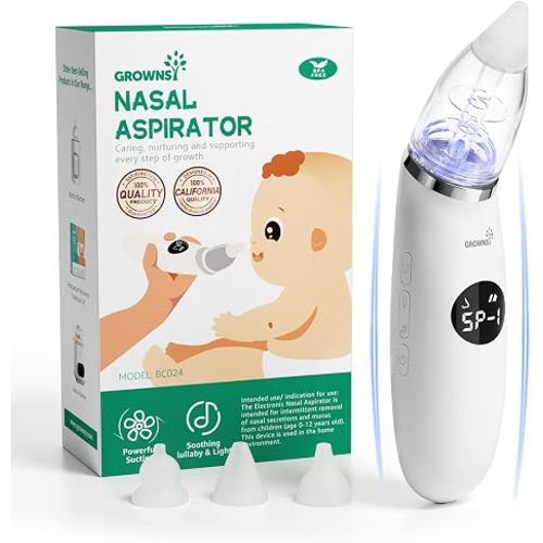 GROWNSY Nasal Aspirator for Baby | Baby Nose Sucker | Electric Nose Suction for Toddler, Ergonomic Booger Sucker with 3 Silicone Tips, Music & Light Soothing Function(White)