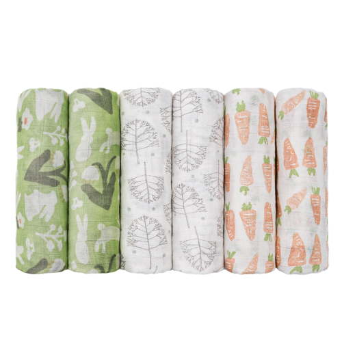 Gllquen Baby Organic Cotton Bamboo Muslin Swaddle Blankets 6-Pack for Newborn Infant Baby Boys Girls, 28 X 28", Spring Letter