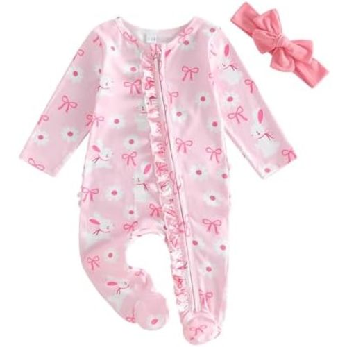Userdefined Baby Girl Clothes Ruffle Solid Footies Infant Knit Rompers Newborn Zip Up Jumpsuit Cute Girl Four Seasons Outfits