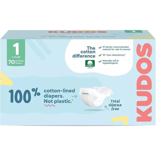 Kudos Size 1 Cotton-Lined Disposable Baby Diapers, 70 Count, Ultra Absorbent Baby Diapers, Soft Comfort, Gentle Materials, Secure Fit for Sensitive Skin