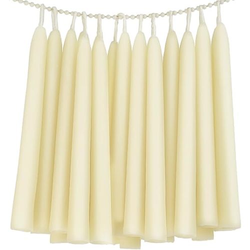 24 Pack Beeswax Taper Candles in Bulk 8 inch Tall - All Natural, 100% Pure Unscented Bee Wax Candle, Dripless, 5 Hours Burnning Time - Off White