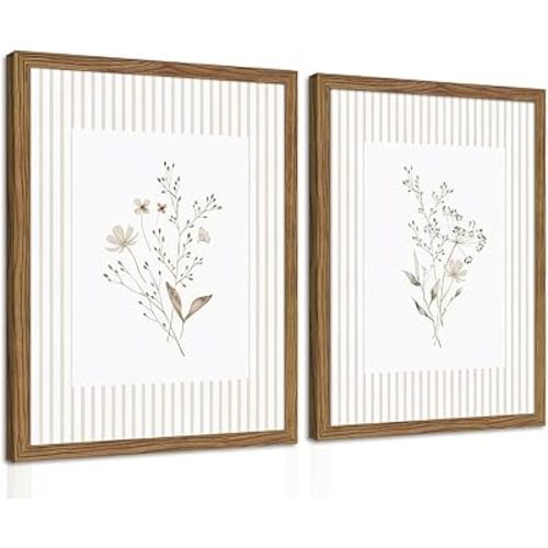 Neutral Wildflower Wall Art Set of 2, Vintage Flower Botanical Wall Decor Painting, Rustic Cottagecore Striped Floral Prints Pictures for Living Room Bedroom 12x16 Inch Framed