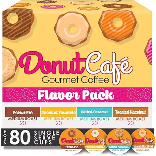 Donut Café - Gourmet Coffee Medium Roast Flavored Variety Pack – Pecan Pie, Coconut Crumble, Salted Caramel, Toasted Hazelnut – Single Serve Coffee Pods for Keurig K Cup Brewers – 80 Count