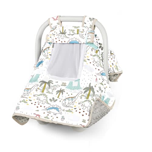 SWESEN Car Seat Cover Baby, Winter Carseat Covers Baby Boy, Infant Car Seat Canopy with Breathable Mesh Peep Window, Baby Stroller Cover for All Season, Dinosaurs