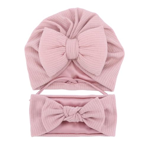 Jomila Bundle of Bonnet and Headband for Baby Newborn Silk Satin Lined Beanie Toddler Infant Girls Adjustable Hat 0-6 Months