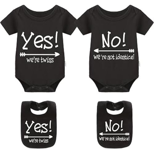 YSCULBUTOL 2 Pack Baby Twins Bodysuits Yes We're Twins No We're Not Identical Infant Romper Twin Unisex Outfits 0-12M