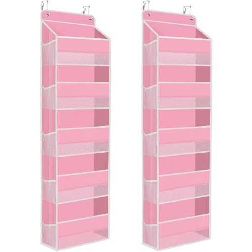 2 Pack Over The Door Organizer Hanging Storage Organizers with Clear Window 40lb Large Capacity Room Organizer for Pantry Laundry Bathroom Nursery Closet(Pink)