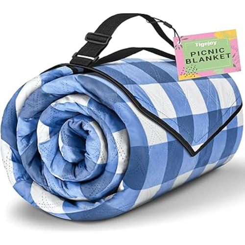 TigeJoy Extra Large Picnic Blanket Waterproof Foldable 60''x80'', Outdoor Picnic Mat Beach Blanket Sandproof for Park, Grass, Travel, Hiking, Camping Essentials, Gingham Picnic Blanket