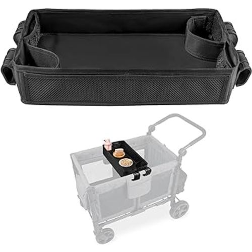 Stroller Snacks Tray for Wonderfold Wagon W4, Double Sided Bottom Padding - Storage Mesh Pockets - 2 Kid’s Cup Holders, Faux Leather Polyester Side Easy to Clean for Eating & Activities (W4 Series)
