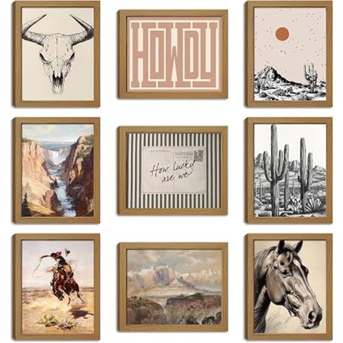 Western Desert Cowboy Posters Wall Art Set of 9, Boho Western Ranch Canvas Wall Decor Prints, Farmhouse Collage Aesthetic Pictures for Bedroom Bathroom Gallery Office Home Decoration 8x10in Unframed