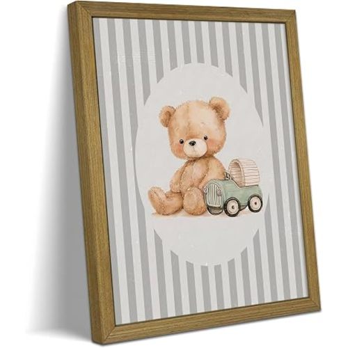 Cute Bear Nursery Wall Art Framed Canvas Print, Teddy Bear Wall Decor Painting Picture, Vintage Toy Car Artwork Baby Boy Nursery Decor, for Kids Bedroom Playroom 8x10 Inch