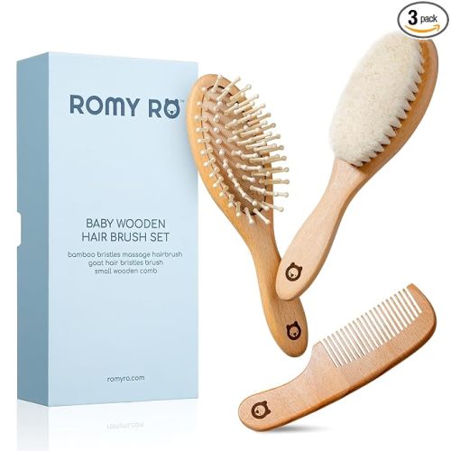 Wooden Hair Brush Set - Premium Baby Comb and Brush - Soft Natural Bristles - Organic Products - Perfect Registry Gift - Cradle Cap Brush for Newborns & Toddlers