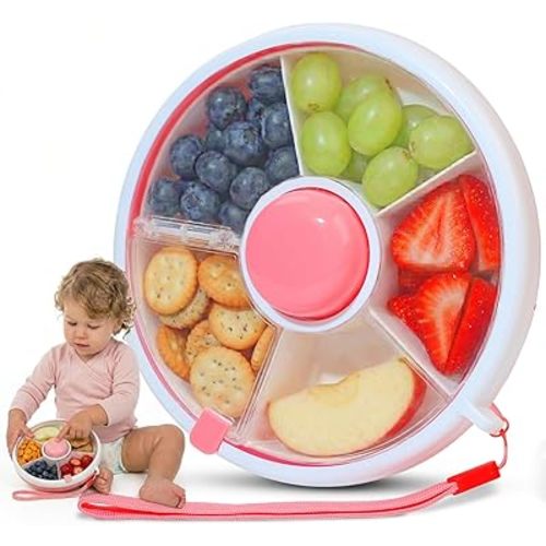 TRENDO Snack Spinner for Toddlers – Pink Rotating Snack Container, BPA & PVC-Free Baby Snack Box, Spill-Proof Toddler Snack Container with Hand Strap, 5 Compartments Travel Snack Box for Kids