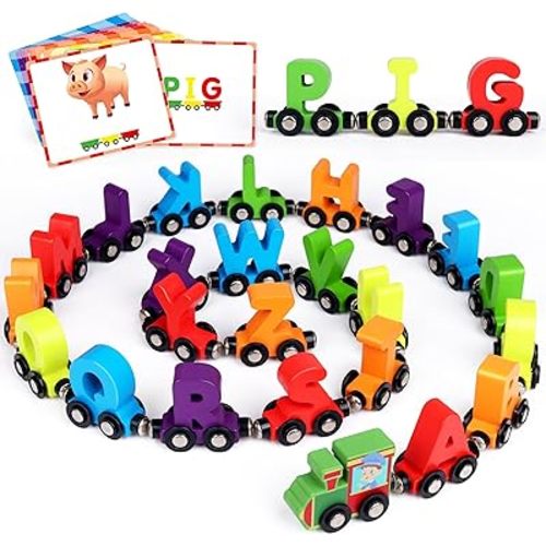 Helsort 27 PCS Magnetic Wooden Alphabet Train Set, ABC Learning Toy with 42 Flash Cards, 1 Engine and Storage Bag, Educational Letter Toy Trains for Toddlers, Boys Girls, Ideal Gift for 3-7 Year Olds