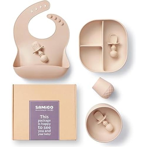 SAMiGO Silicone Baby Feeding Set, Suction Plate Bowl Set, Self Feeding Spoons, Bib, Cup, Baby Led Weaning Supplies, First Stage Feeding Essentials, Food Eating Utensils, 6+ Months