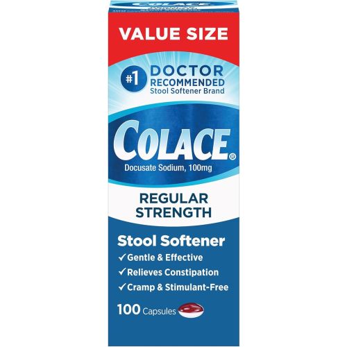 Colace Stool Softener 100 mg, 100 Capsules, Constipation Relief, Docusate Sodium, Gentle Docusate, Stimulant-Free, Regular Strength, #1 Doctor Recommended Stool Softener Brand