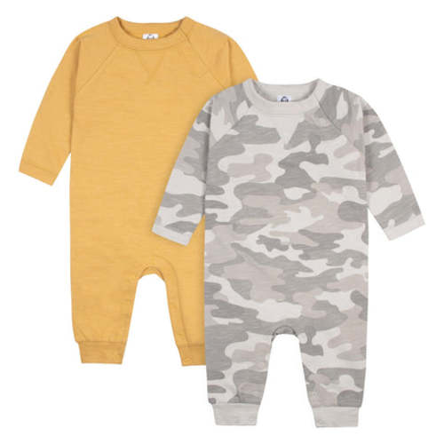 2-Pack Baby Boys Gray Camo &amp; Yellow Raglan Sleeve Romper