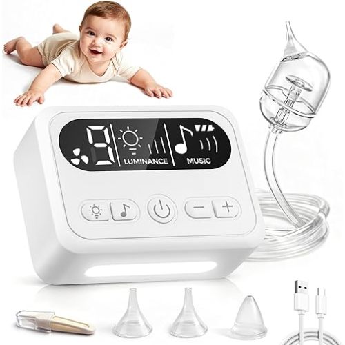 Nasal Aspirator for Baby, Baby Nose Sucker with 9 Suction Levels, Electric Nose Suction for Baby with Night Light, Can Play Lullabies, Equipped with 3 Food-Grade Silicone Nozzles and Tweezers (White)