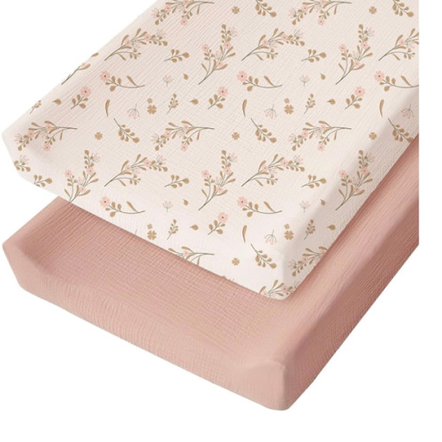 Konssy Muslin Changing Pad Cover for Baby Girls Boys, 100% Cotton Fitted Diaper Chang Table Covers, Soft Breathable Changing Pad Sheets, 2 Pack (Floral,Pink)