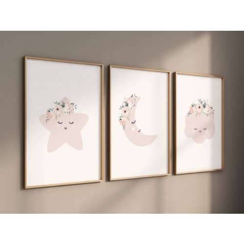 Blush Pink Nursery Prints: Moon, Star, Cloud Decor