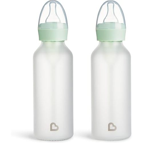 Munchkin Bond Silicone Coated Glass Baby Bottles - Anti-Colic Feeding System with Natural Feel Nipples, 8 Ounce, 2 Pack, Green