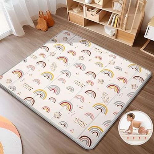 Foldable Baby Play Mat, PIGLOG Waterproof Playmats for Babies and Toddlers Kids, Safe Foam Playmat for Tummy Time, 50x50 Playpen Mat, Reversible Portable Baby Floor Mat for Infant, Toddler(Rainbow)