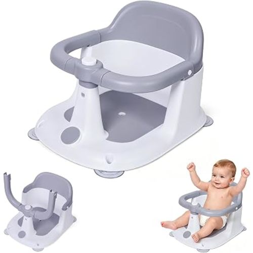 Baby Bath Seat for 6-24 Months, Bath Seats for Babies Sitting Up with 4 Locking Suction Cups & Soft Cushion, Non Slip Anti Tip One Touch Armrest Toddler Bathtub Chair for Smooth Tubs, Grey